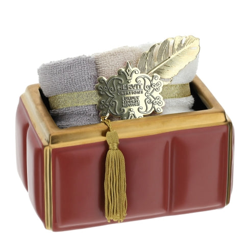 Hervit- Contenitore Rettangolare in Ceramica Bordeaux/Oro Con 3 Lavette in Cotone - 16x11x8cm